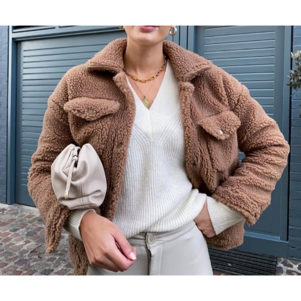 Missguided Tan Cropped Borg Teddy Trucker Jacket